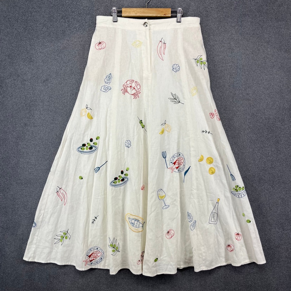 Caroline Constas Maxi Skirt Women 6 Off White Linen Blend Embroidered Coastal